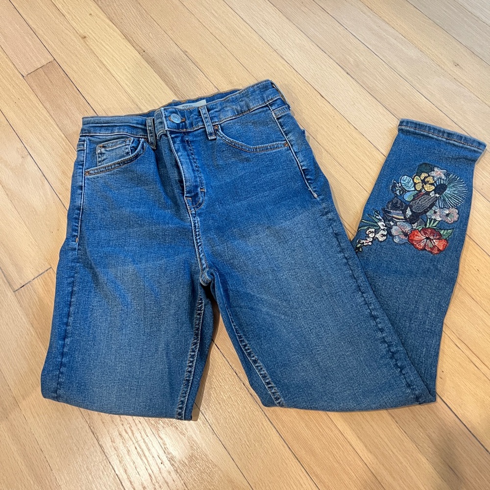Topshop Jamie Moto Blue Skinny Jeans with Floral Embroidery